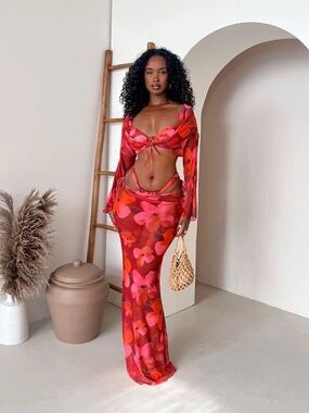 Red Floral Open-Back Bikini Set with Matching Maxi Cover-Up